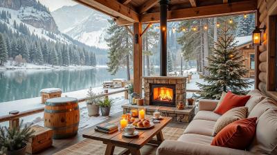 Cozy Winter Lakeside Porch Jazz Music Background Fireplace Sound for Study Work  Relax