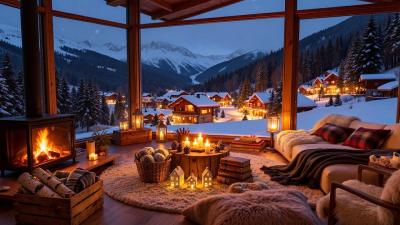 Beautiful Winter Music  Cozy Living Room Ambience with Snowfall  Warm Fireplace 