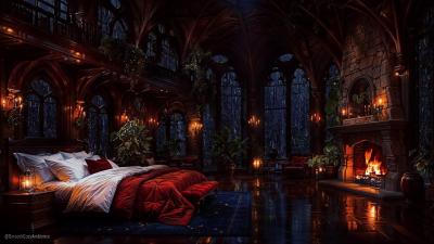 Cozy Castle RainThunderstrom  Fireplace Ambience  Gothic Bedroom