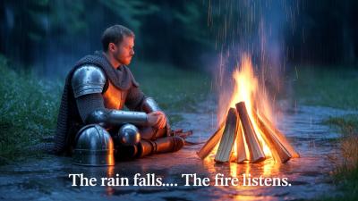 Lonely Knight in the Rain Cinematic Night Ambience  Calm Fire  Rain AI Video