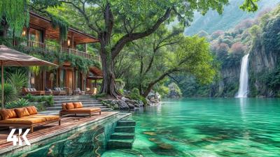 Luxury Nature Retreat Crystal Clear Lake  Waterfall Ambience for Sleep  4K Ambience