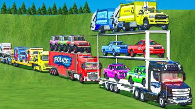 OVERSIZED TRANSPORT TRIPLE TRAILER POLICE NISSAN VS PICKUPS VS EMERGENCY AMAROK BATTLE FS 25