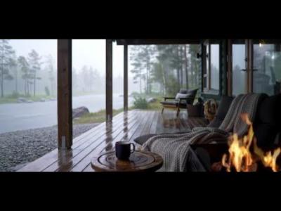 Peaceful Rainy Afternoon in a Hidden Riverside Cabin Forest Ambience and Firelight