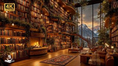 Peaceful Winter Jazz Soundscape  Glass Library Interior Fireplace Warmth Snowfall Serenity Mood