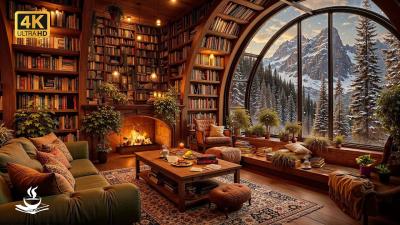 Relaxing Winter Jazz Library Ambience  Snow Covered Mountains Outside the Window Warm  Peaceful