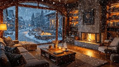 Relaxing Winter Piano Music Cozy Dark Room Ambience with Snowfall  Warm Fireplace 