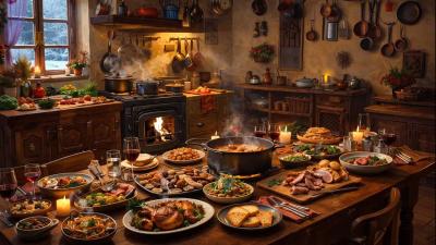 Rustic Winter Kitchen Ambience  Crackling Fireplace Home Cooking  Snow Sounds