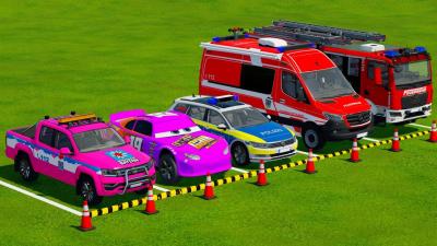 TRANSPORTING PIXAR CARS  FRUITS WITH COLORED  JOHN DEERE vs CLAAS vs TRACTORS  BeamNG.drive 983