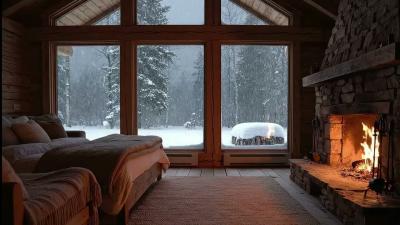 Winter night ambience with snow falling outside a warm cabin fireplace