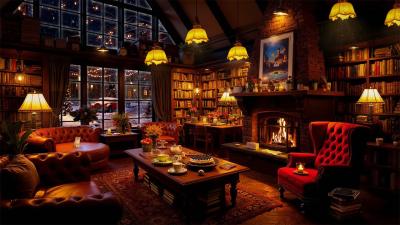 Winter Night Jazz at Library Cafe Ambience Relaxing Jazz Piano  Crackling Fire for Reading Work