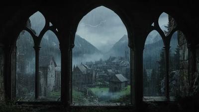4K Medieval Castle Window Rain  Soft Rain Ambience for Reading Background