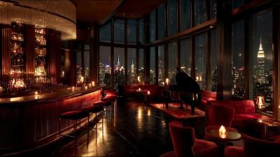 Late Night NYC Jazz Bar Ambience  Rooftop Jazz City Lights  Candle Glow