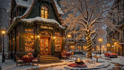 Quiet Winter Street Café Shop Ambience  Snow Falling Warm Winter Jazz Music for Stress Relief