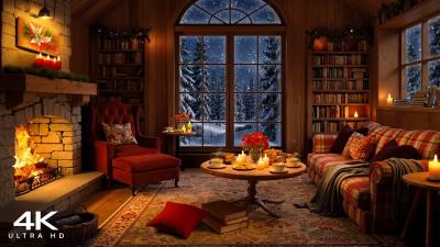 Relaxing Jazz Gentle Snowfall  Cozy Fireplace for Stress Relief  Peaceful Winter Cabin Ambience