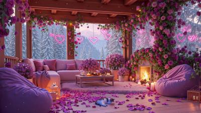  Romantic Pink Snow Valentine Porch  Cozy Jazz Ambience  Fireplace Sounds for Rest and Comfort