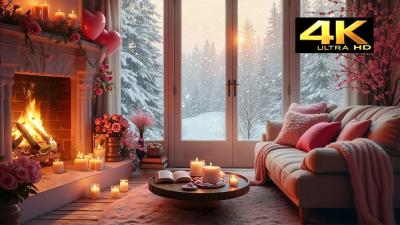 Romantic Valentines Cabin Retreat Fireplace Glow  Gentle Snowfall