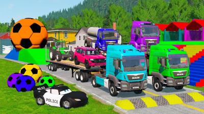 TRANSPORTING PIXAR CARS  FRUITS WITH COLORED  JOHN DEERE vs CLAAS vs TRACTORS  BeamNG.drive 962