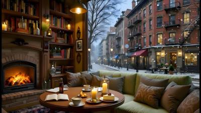 Winter Ambience  Cozy Snowy Coffeehouse  Smooth Jazz  Warm Fireplace For Study Work