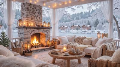 Winter Lakeside Porch Ambience Crackling Fireplace Calm Piano Music  Snowfall for Focus