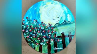 Dreamy Sunlight Landscape on Round Canvas  Easy Acrylic Painting Tutorial
