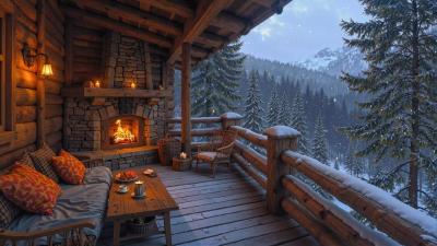 Jazz Relaxing Music at Cozy Winter Balcony  Crackling Fireplace Ambience  Gentle Snowfall
