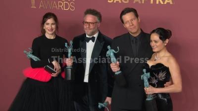Michelle Williams and the cast of The Studio react to their wins backstage at the Actor Awards