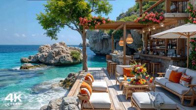 Morning Beach Cafe Ambience with Cheerful Bossa Nova Jazz Music  Ocean Sounds for Stress Relief
