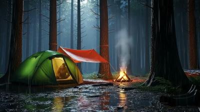 Night Rainstorm Ambience Heavy Rain Distant Thunder  Cozy Forest Camp