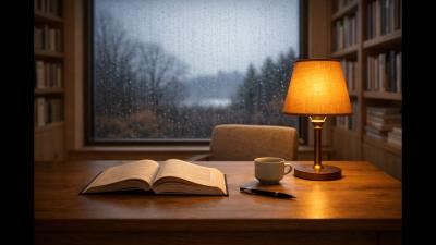 Nordic Winter Library Rain Ambience  Cozy Study by the Window 3.5 Hours