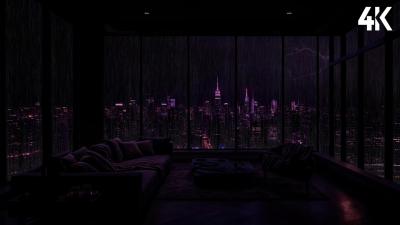 Rainy Night Over New York City  Cozy Penthouse Ambience for Deep Sleep  Relaxation  Rain Sounds