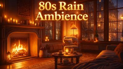 3 Hours of Cozy 80s Synthwave  Rain  Fireplace Ambience