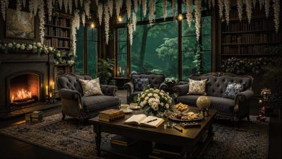 Cozy Cottage Reading Corner in a Rainy Forest Fireplace Dark Academia Music for Study  Deep Focus