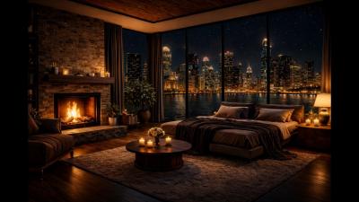 Cozy Fireplace Night Relaxing Fire Sounds  Night City Ambience for Sleep Study  Relax
