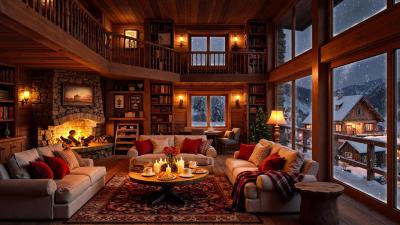Cozy Winter Cabin Ambience  Fireplace Sounds Soft Jazz Music  Snowy Mountain Views for Relaxation