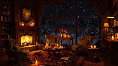 Cozy Winter Room Ambience  Soft Jazz Gentle Snowfall  Crackling Fireplace Sounds for Relaxation