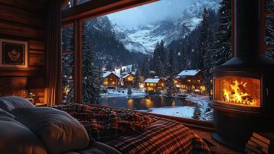 Falling Snow Outside a Warm Cabin  Cozy Firelight Ambience for Stress Relief and Better Sleep