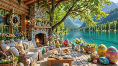 Happy Easter Easter Ambience with Cozy Fireplace and Relaxing Piano Music in Spring Ambience