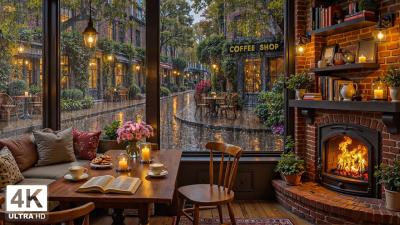 Soft Rainy Spring Jazz Coffee Shop Ambience with Fireplace for Focus Study  Relax
