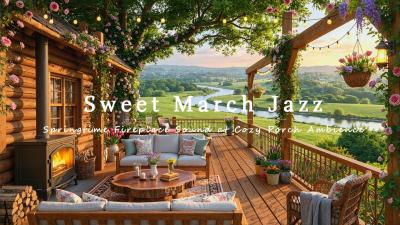 Sweet March Jazz Melody  Springtime Fireplace Sound at Cozy Morning Porch Ambience for Up Mood