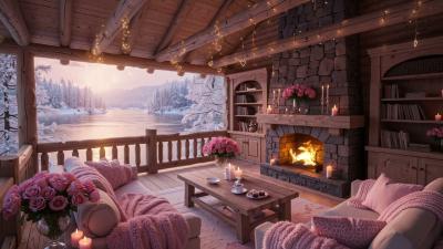 Winter at Cozy Living Cabin Ambience with Soft Piano Music Warm Fireplace  Gentle Snowy 