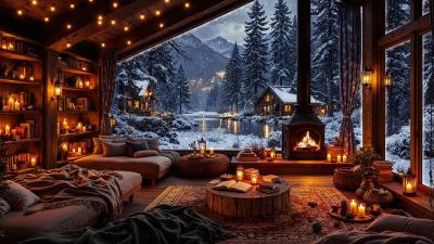 Beautiful Winter Jazz Music  Cozy Cabin Ambience Crackling Fireplace  Wind Sounds for Unwinding