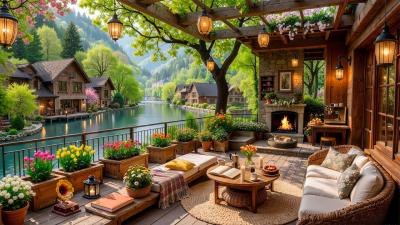 Cozy Fireplace Spring Jazz Peaceful Riverside Ambience for Work  Relax