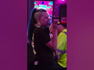 Cute but tough rock gal sings blink182 bluehair karaoke All the Small Things