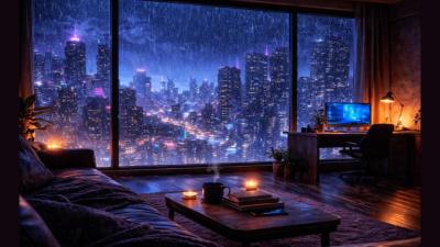 Cyberpunk Rain Apartment  Midnight Megacity  Futuristic Night City Ambience