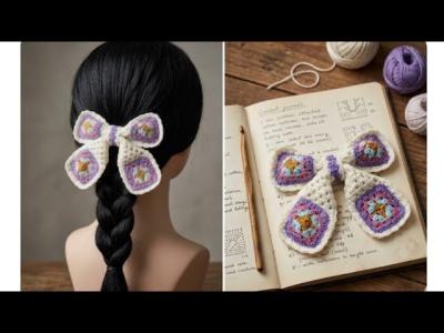 How to crochet a Granny Square Hair BowEasy tutorial for beginners