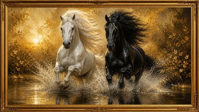 Majestic Harmony Twin Horses Running Through Golden Light  4K Ambience