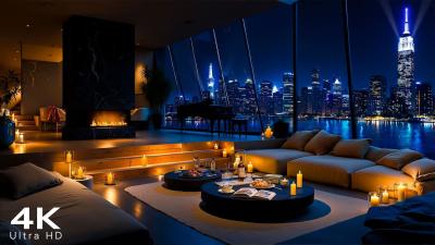 NYC Skyline Night in 4K Luxury Apartment Ambience  Relaxing Piano Jazz Music for Work Study