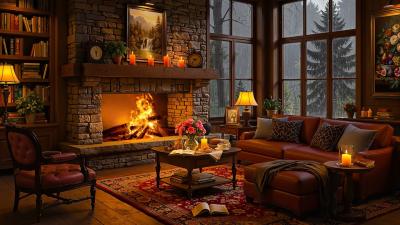 Rainy Day in Cozy Cabin Ambience  Slow Jazz with Crackling Fireplace  Rain Sounds to Study Relax