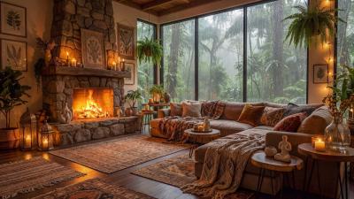 Smooth Jazz Instrumental Music at Cozy Cabin Ambience  Soft Rain Fireplace Sounds for Relaxing  
