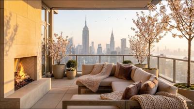 Spring New York City Cozy Balcony Ambience at Morning City Fireplace Sound